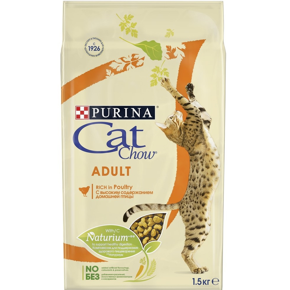 Cat Chow Adult для взрослых кошек, для поддержания иммунитета, птица, 1.5кг+0,5кг