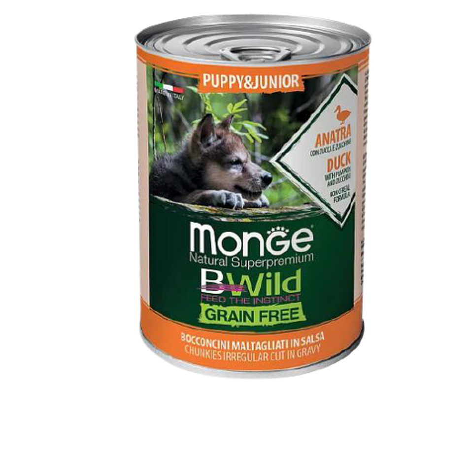 Monge Dog BWild Grain Free Puppy&Junior для щенков и беременных собак, беззерновой, из утки с тыквой и кабачками, КОНСЕРВЫ 400 Г