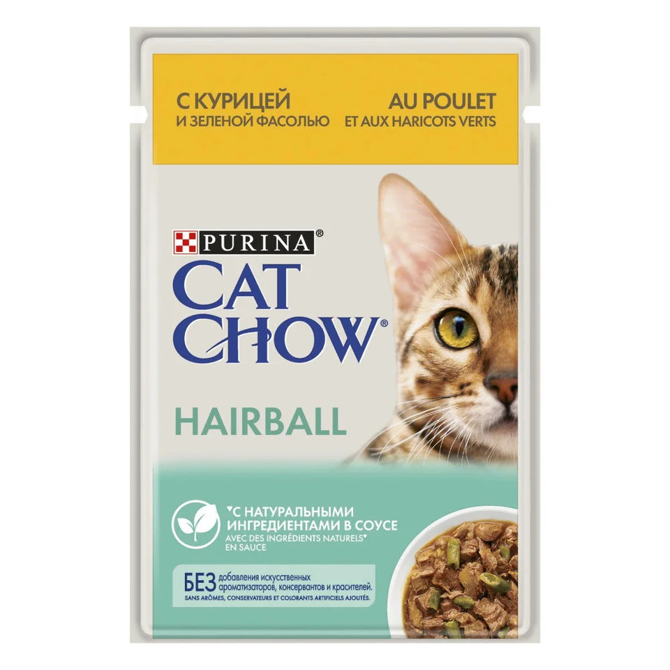 Cat Chow Adult Hairball Control для взрослых кошек, для выведения комков проглоченной шерсти, курица и зеленая фасоль, пауч 85г