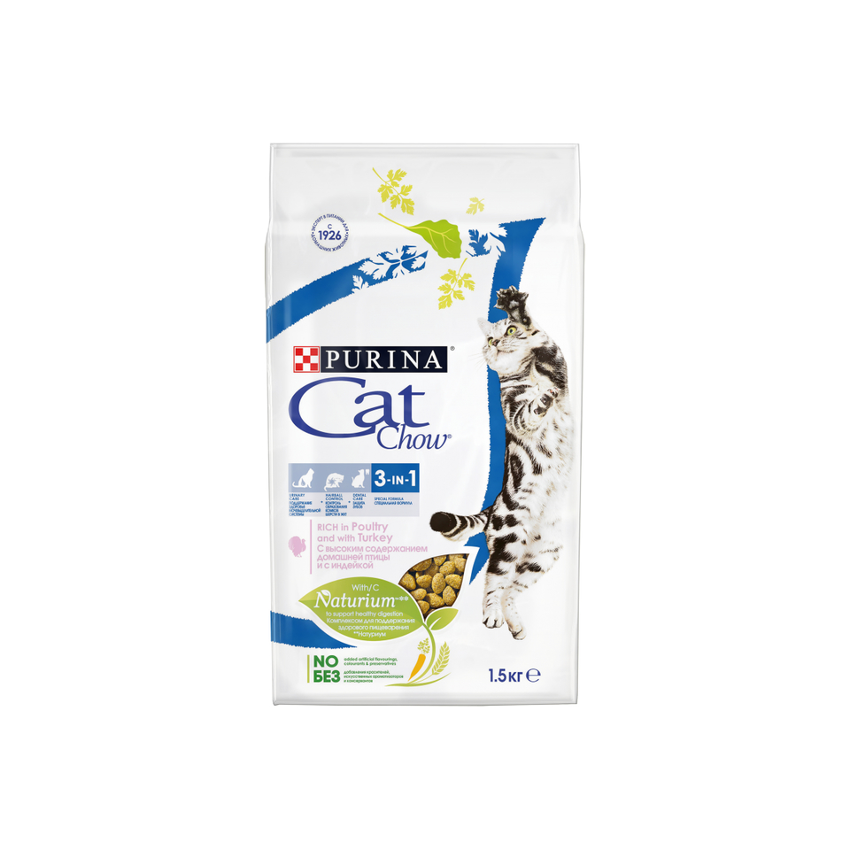 Cat Chow Adult 3in1 для взрослых кошек, здоровые зубы + выведение шерсти + профилактика мочекаменной болезни, птица/индейка, 1,5 кг