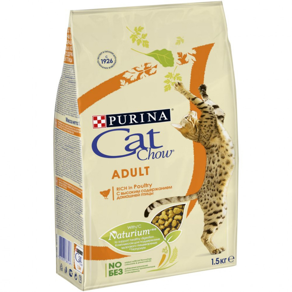 Cat Chow Adult для взрослых кошек, для поддержания иммунитета, птица, 1.5кг