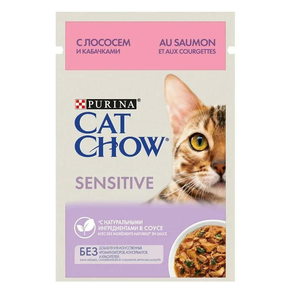 Cat Chow Sensitive для кошек с чувствительным пищеварением, лосось и кабачок в соусе, пауч 85 г
