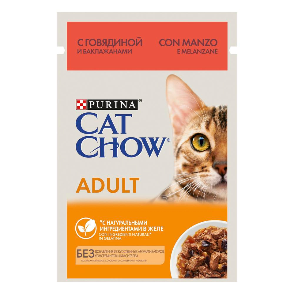 Cat Chow Adult 1+, для взрослых кошек, крепкие кости + хорошее зрение, говядина и баклажан в желе, пауч 85 г