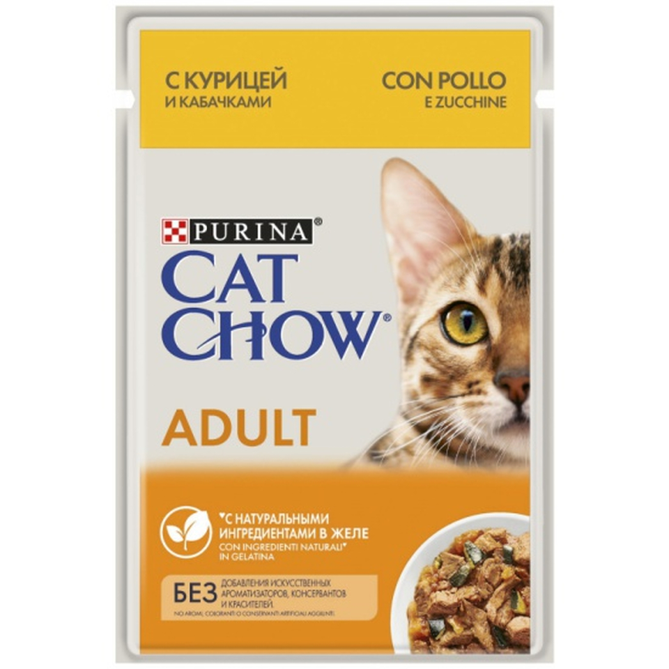 Cat Chow Adult 1+, для взрослых кошек, крепкие кости + хорошее зрение, курица и кабачок в желе, пауч 85 г