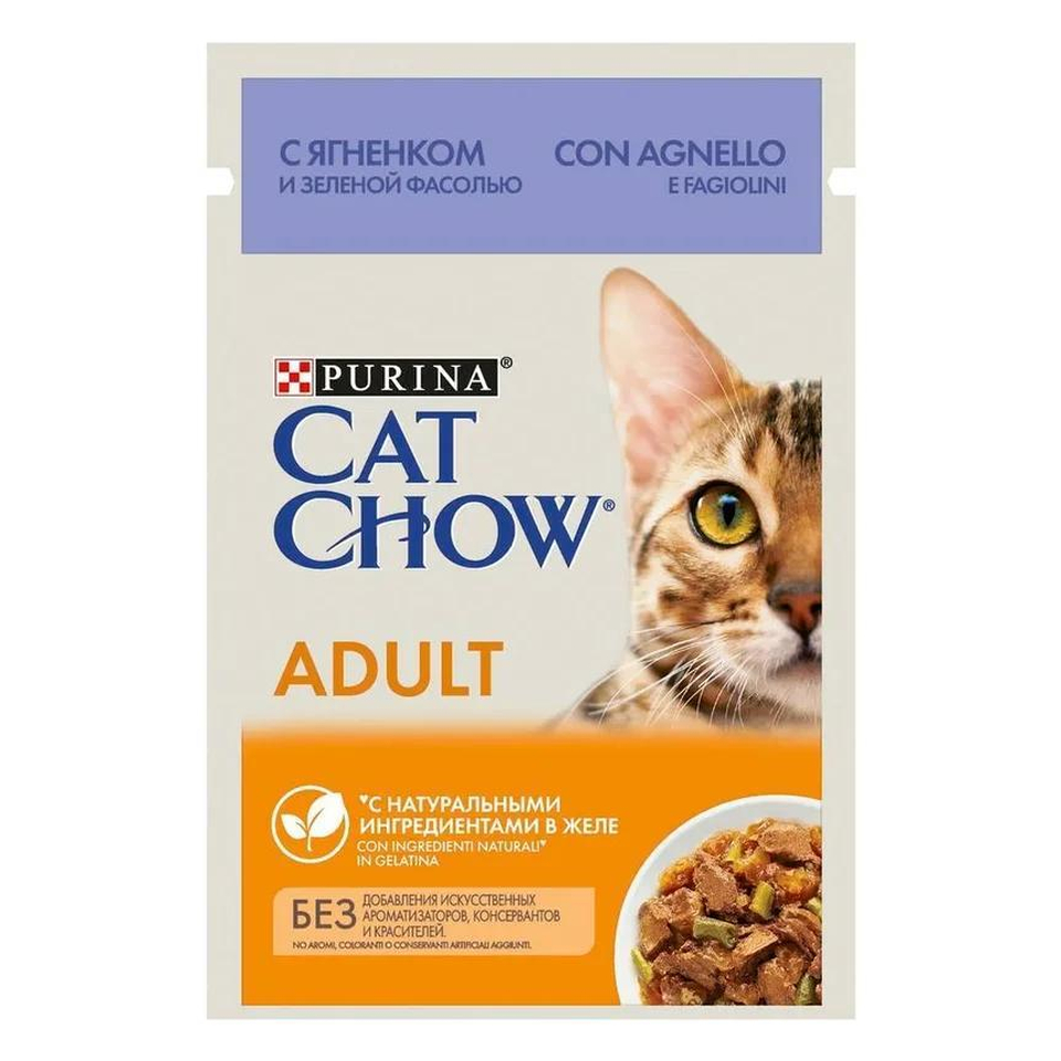 Cat Chow Adult 1+, для взрослых кошек, крепкие кости + хорошее зрение, ягненок и фасоль в желе, пауч 85 г