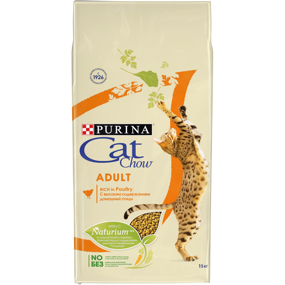 Cat Chow Adult для взрослых кошек, для поддержания иммунитета, птица, 15 кг