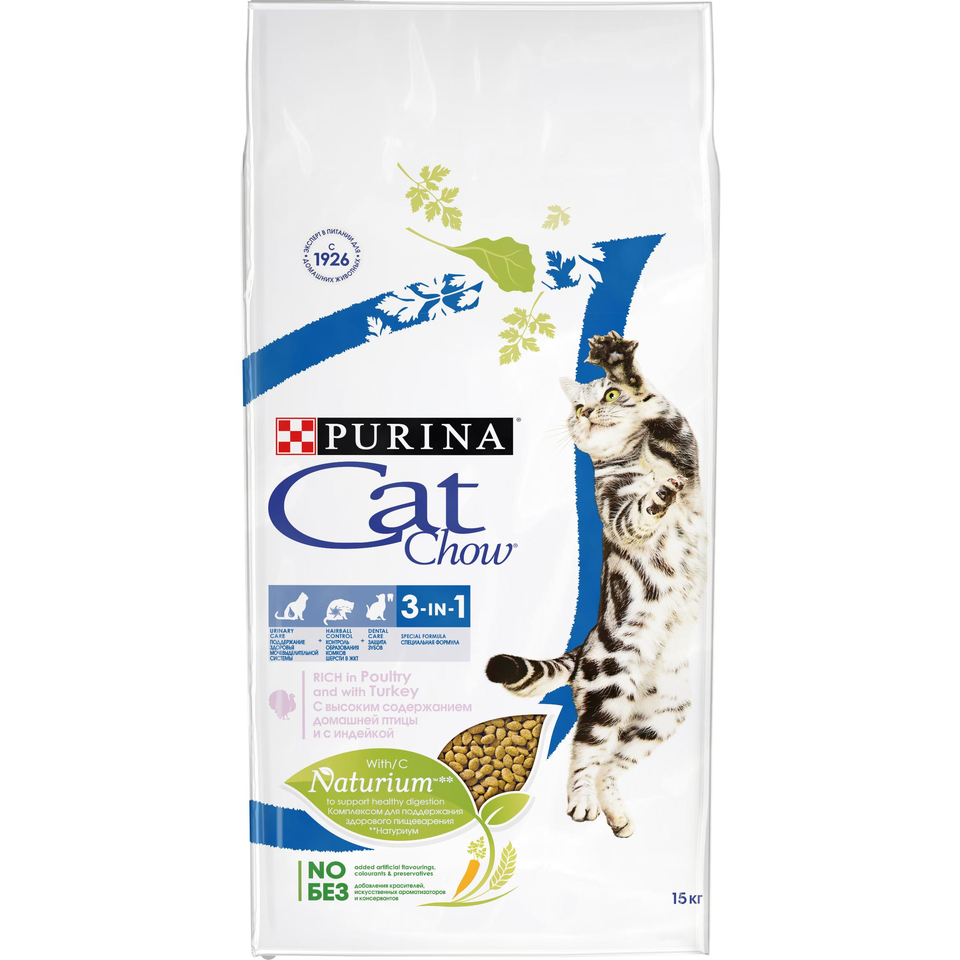 Cat Chow Adult 3in1 для взрослых кошек, здоровые зубы + выведение шерсти + профилактика мочекаменной болезни, птица/индейка, 15 кг