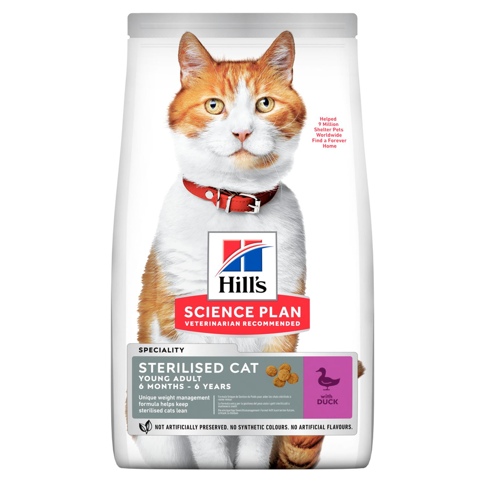 Hill`s SP Young Adult Sterilised Cat для стерилизованных кошек до 6 лет, здоровье почек + контроль веса, утка, 3 кг