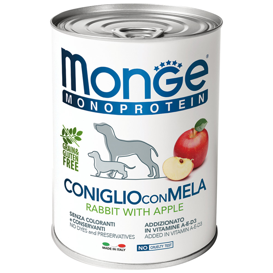 Monge Dog Monoprotein Fruits для взрослых собак всех пород при пищевой аллергии, кролик/яблоко, консервы 400 г