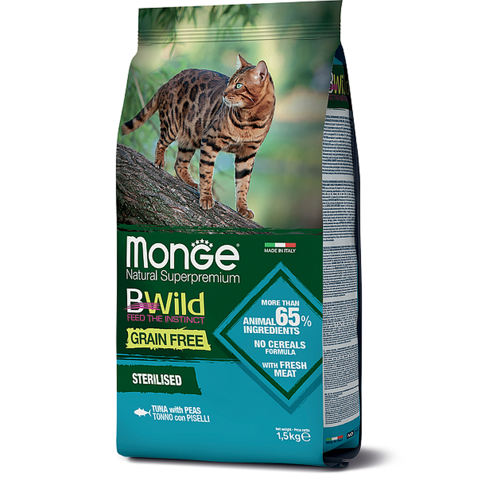 Monge Cat Bwild Grain Free беззерновой для стерилизованных кошек, здоровье кожи и шерсти + контроль веса, тунец/горох, 1,5 кг