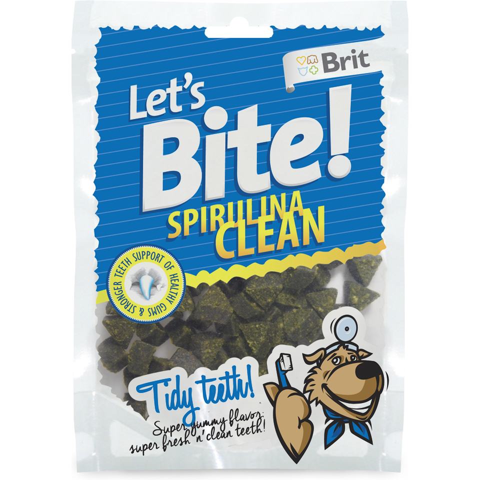 Brit Let's Bite Spirulina Clean, закуска со спирулиной для чистки зубов, удаления налета, от зубного камня, курица, 150 г