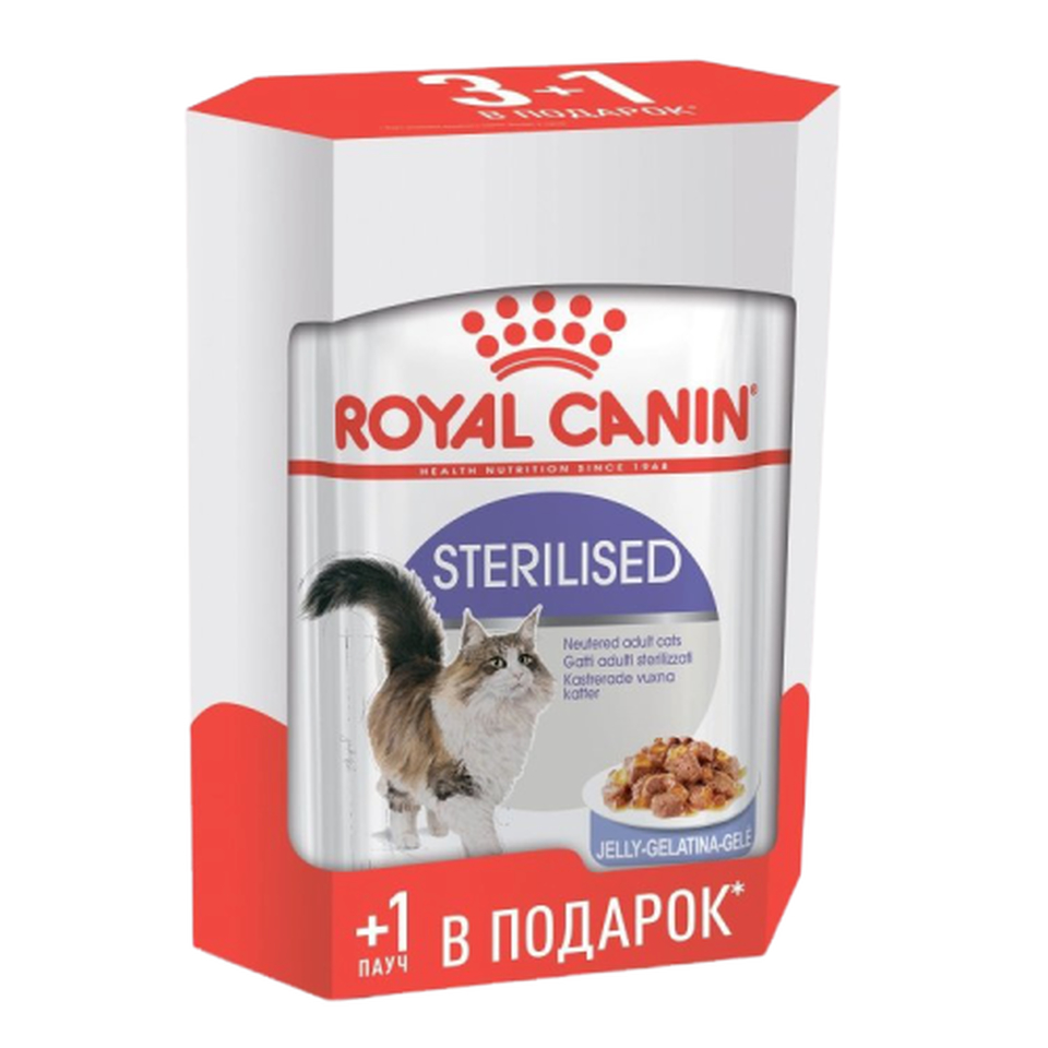 Royal Canin Regular Sterilised для стерилизованных кошек, здоровье почек + контроль веса, мясо, кусочки в желе, пауч 3+1, 85 г