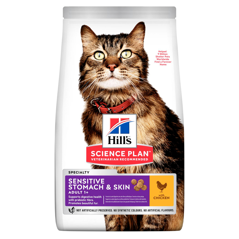 Hill`s SP Sensitive Stomach & Skin для взрослых кошек c чувствительным пищеварением и кожей, курица, 300 г