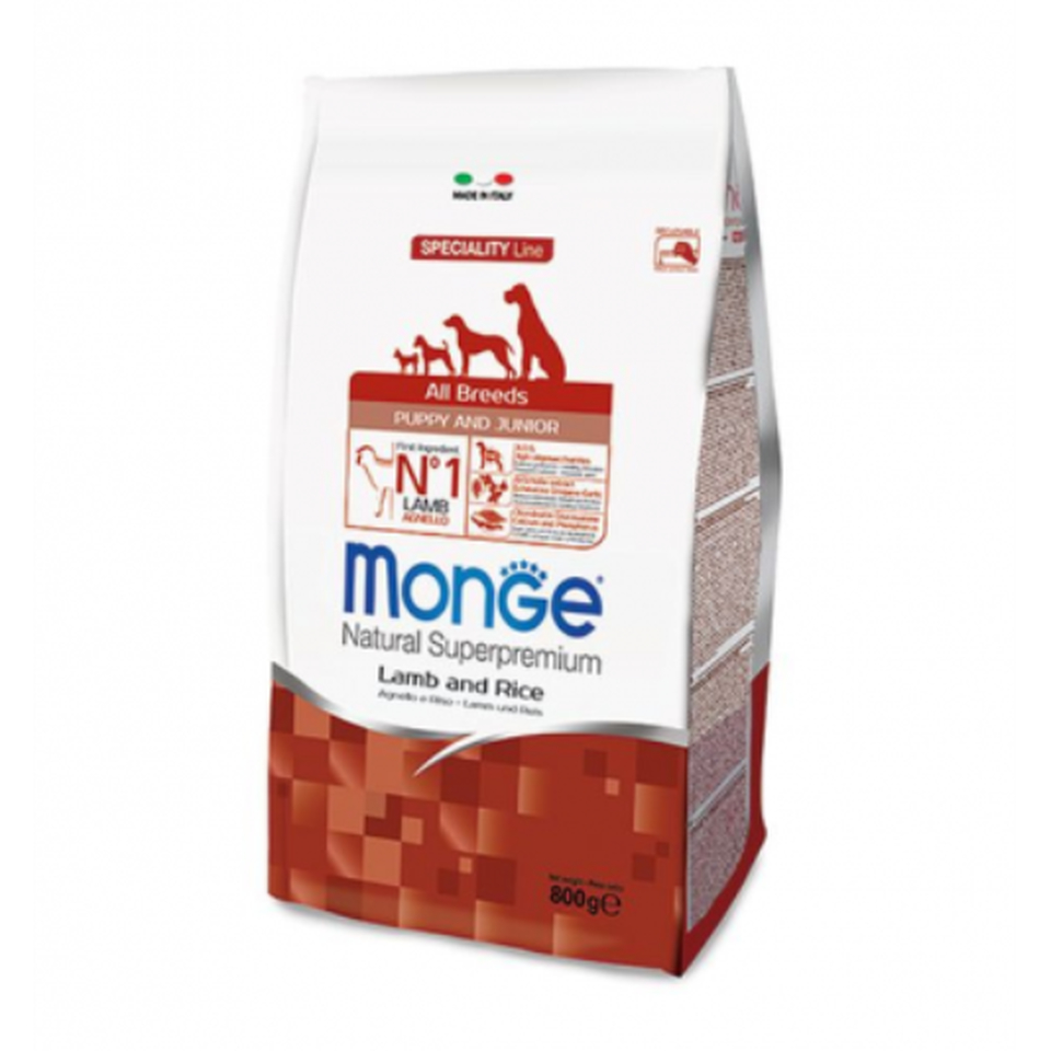 Monge Dog Speciality Puppy&Junior для щенков всех пород, беременных и кормящих собак, здоровье суставов и кожи, ягненок/рис, 800 г