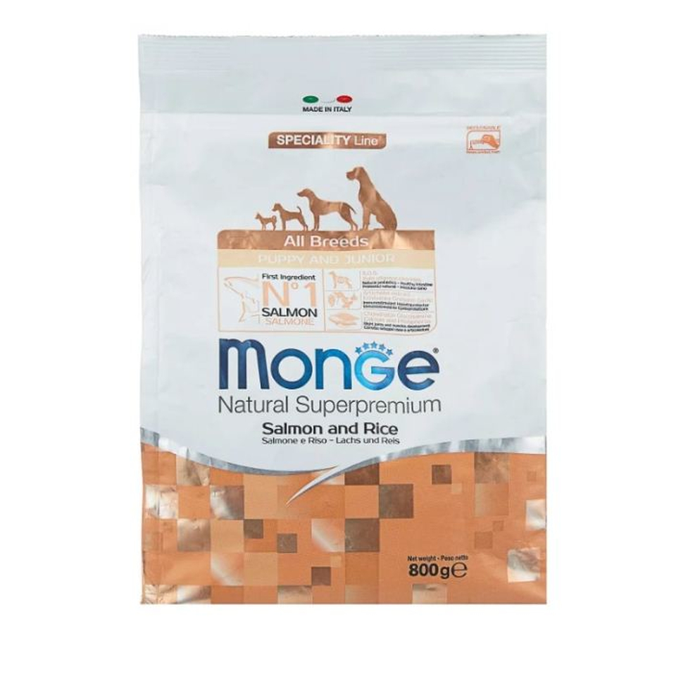 Monge Dog Speciality Puppy&Junior для щенков всех пород, беременных и кормящих собак, здоровье суставов и кожи, лосось/рис, 800 г