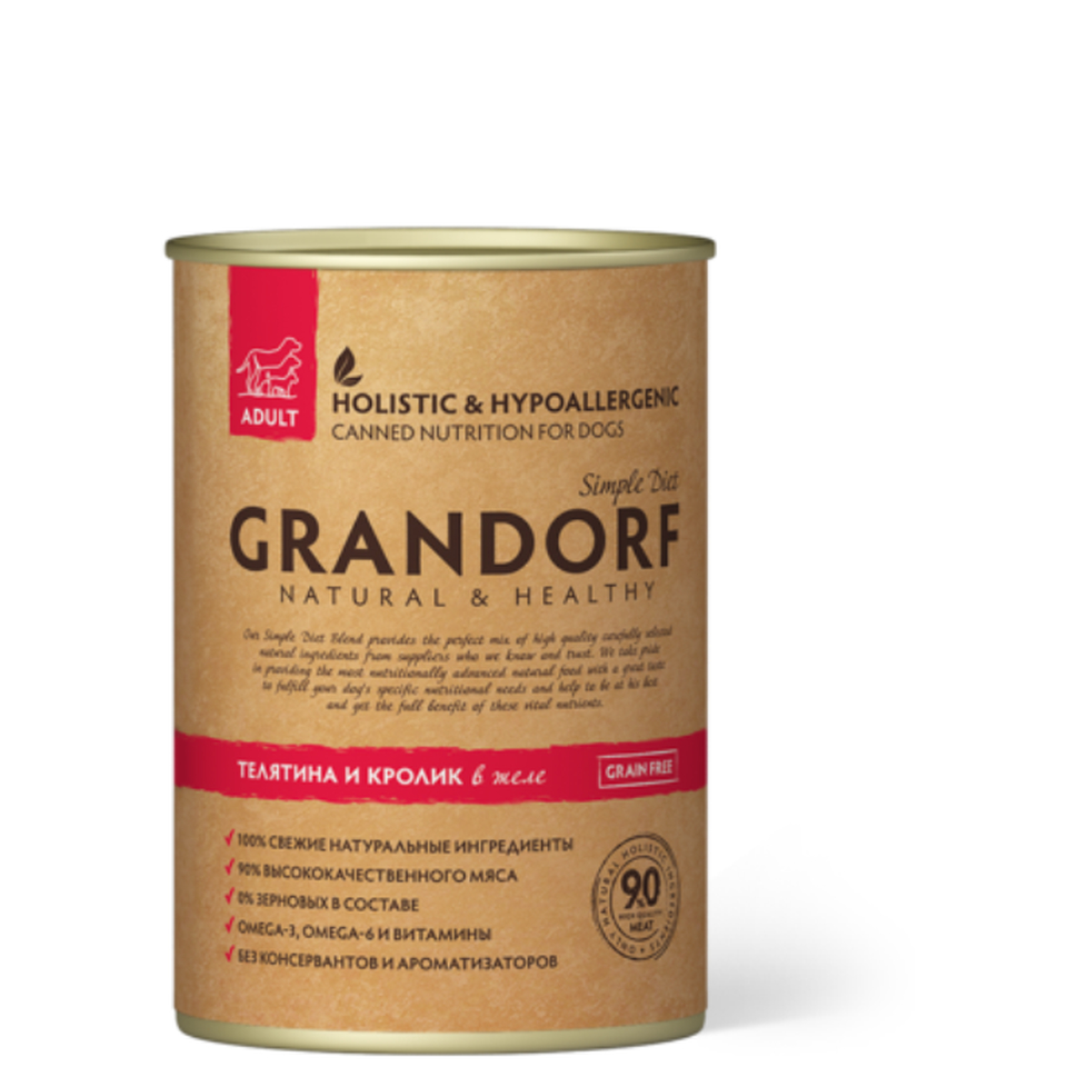 Grandorf Grain Free Adult беззерновой для собак с чувствительным пищеварением, телятина/кролик, консервы 400 г