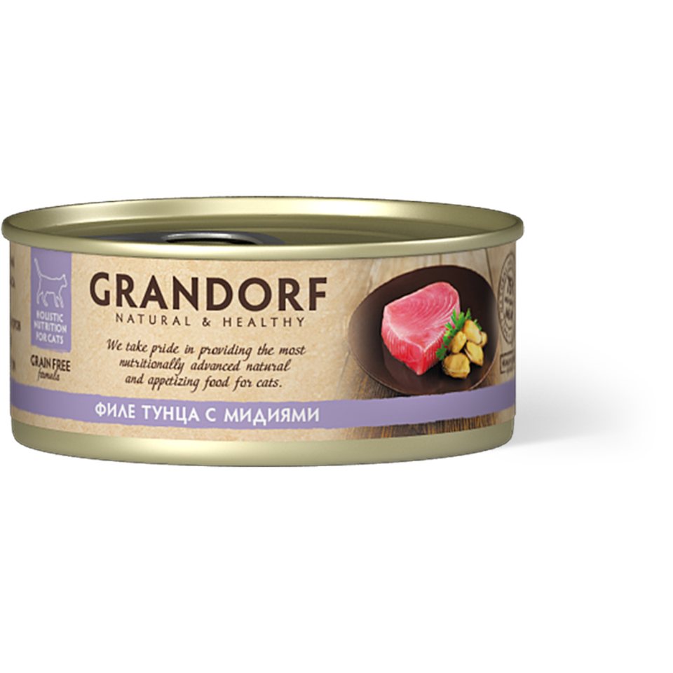 Grandorf Grain Free беззерновой для кошек всех возрастов, филе тунца с мидиями, консервы 70 г