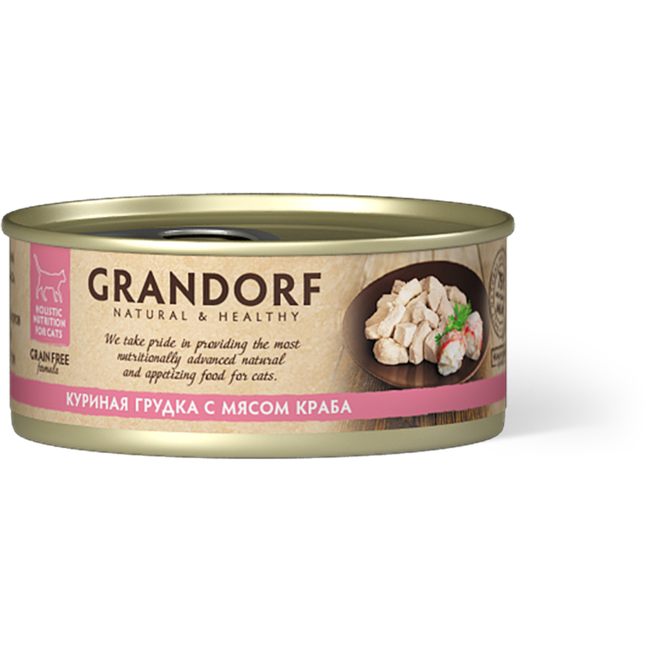 Grandorf Grain Free беззерновой для кошек всех возрастов, куриная грудка с мясом краба, консервы 70 г