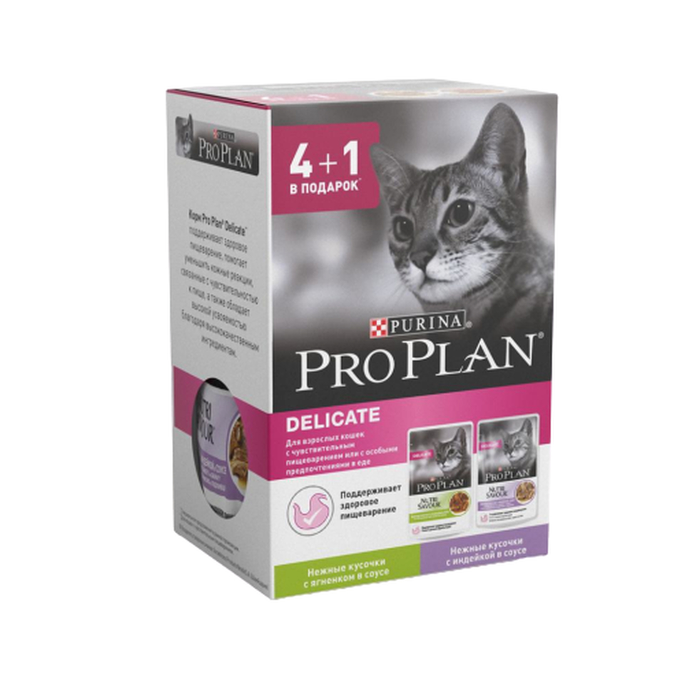 Pro Plan Delicate NutriSavour для кошек с чувствительным пищеварением, индейка + ягненок, пауч 4+1, 85 г