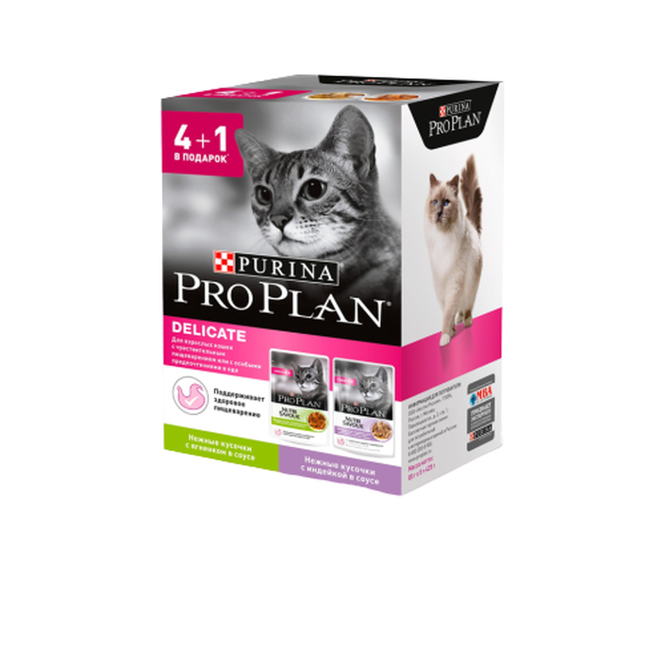 Pro Plan Delicate NutriSavour для кошек с чувствительным пищеварением, индейка + ягненок, пауч 4+1, 85 г