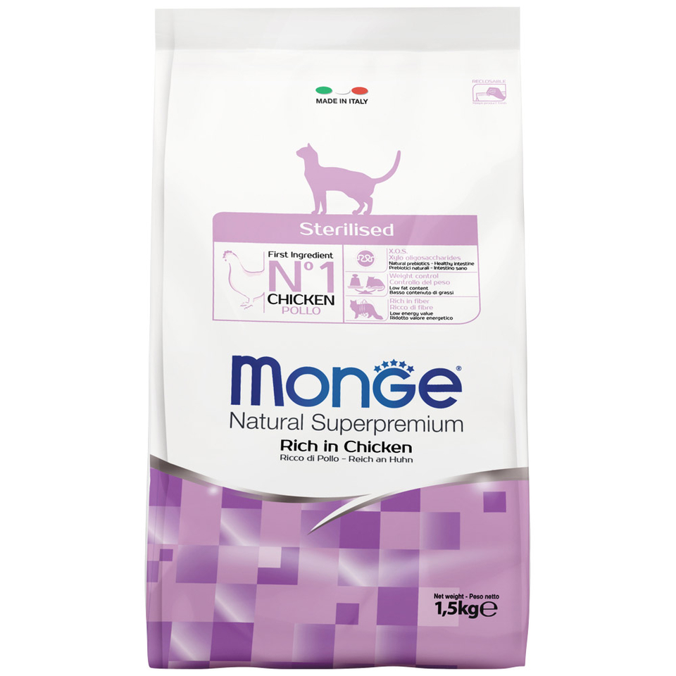 Monge Cat Sterilised для стерилизованных кошек, здоровье почек + контроль веса, курица, 1,5 кг