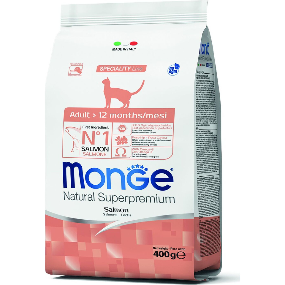 Monge Cat Speciality Line для взрослых кошек, здоровье кожи, шерсти и пищеварения, лосось, 400 г