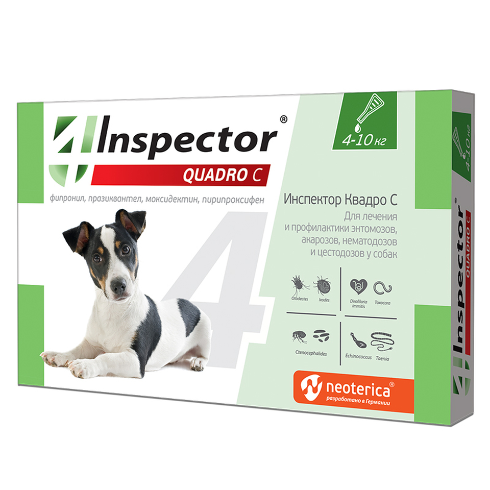 Инспектор Quadro капли от внешних и внутренних паразитов для собак весом 4–10 кг, 1 пипетка