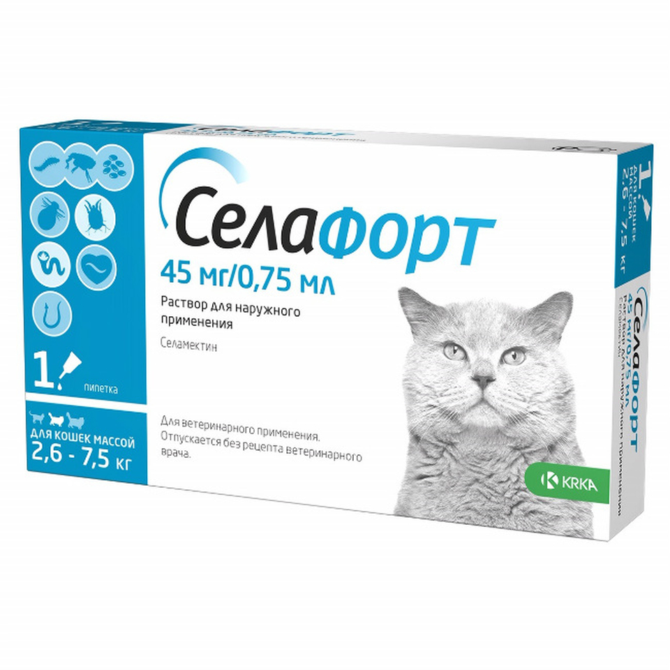 KRKA Селафорт от блох и клещей 45 мг для кошек весом 2,6–7,5 кг, 0,75 мл