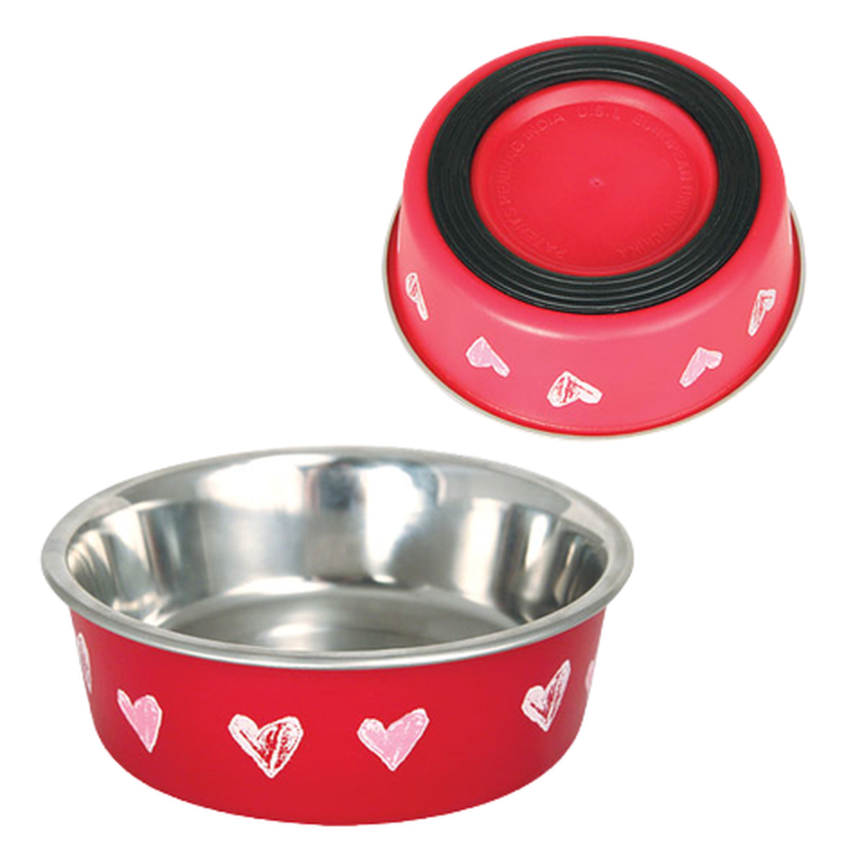 Миска «Сердца» металлическая на резинке для кошек и собак мелких пород, 450 мл, красная