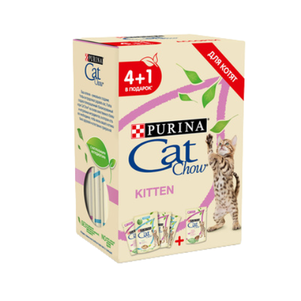 Cat Chow Kitten для котят, беременных и кормящих кошек, индейка, ягненок в желе, пауч 5*85 г(4+1)