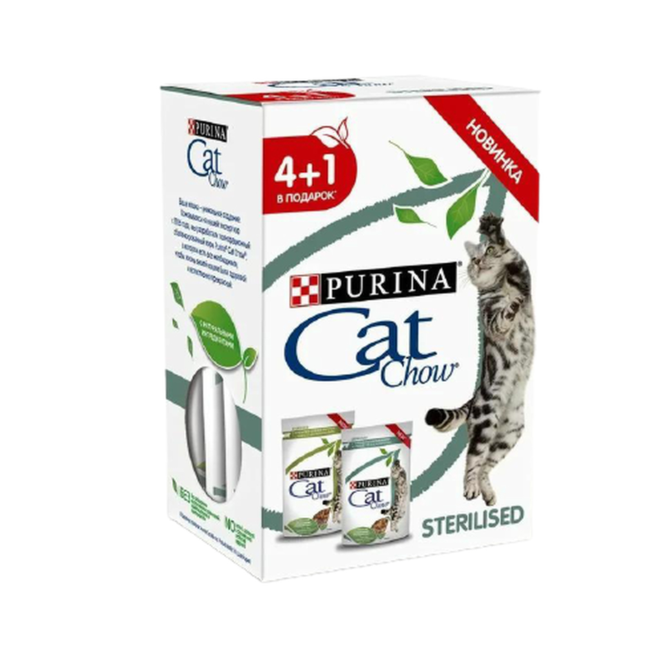 Cat Chow Adult Sterilised для стерилизованных кошек, контроль веса, курица, ягненок в соусе, пауч 5*85 г(4+1)