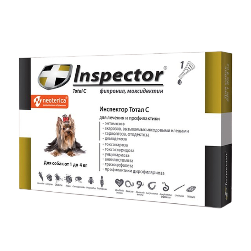 Инспектор капли от внешних и внутренних паразитов для собак весом 1–4 кг, 1 пипетка