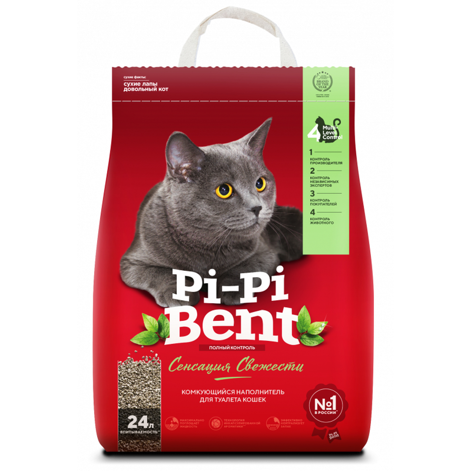 Pi-Pi-Bent «Сенсация Свежести», наполнитель комкующийся для кошачьих туалетов, 24 л (10 кг)