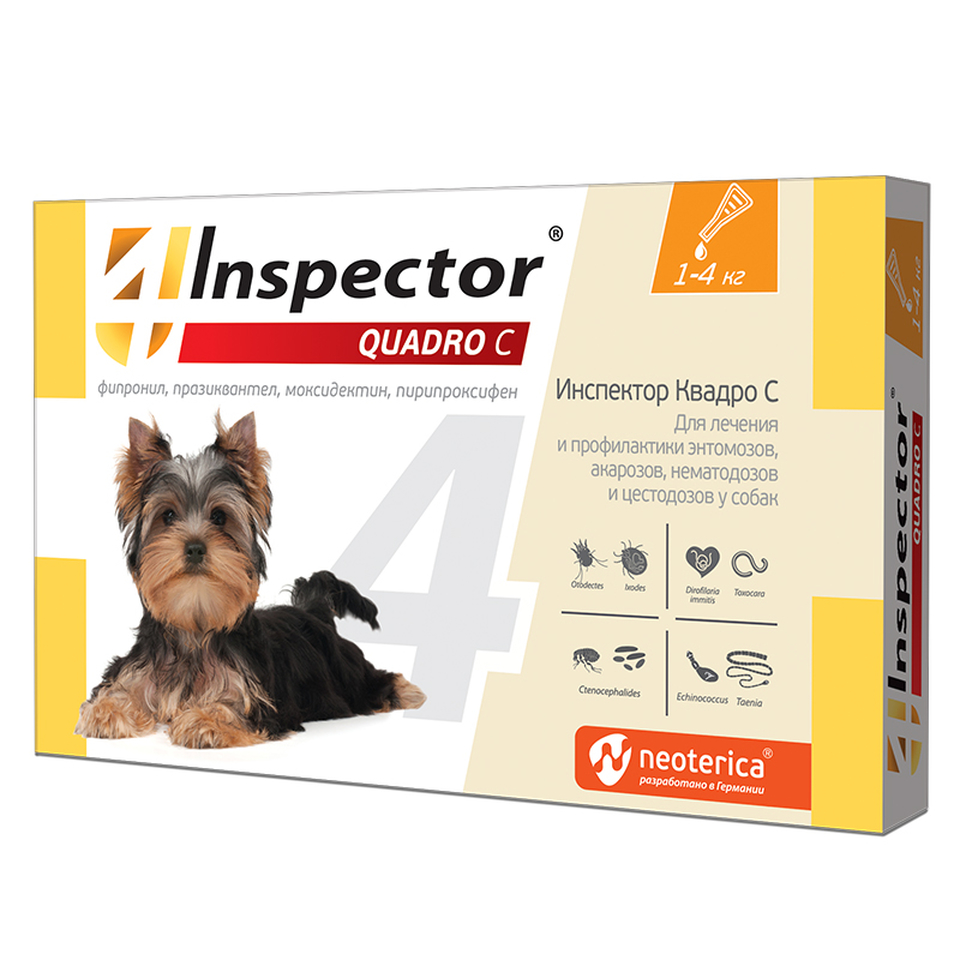 Инспектор Quadro капли от внешних и внутренних паразитов для собак весом 1–4 кг, 1 пипетка