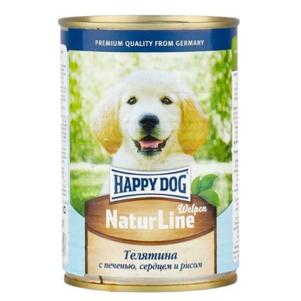 Happy Dog Puppy & Junior для щенков, кормящих и беременных собак всех пород, поддержание иммунитета, телятина/печень/сердце/рис, консервы 410г