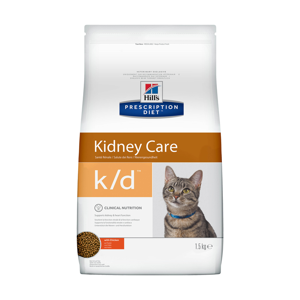 Hill`s PD k/d Kidney Care для взрослых кошек при заболеваниях почек и сердца, курица, 1,5 кг