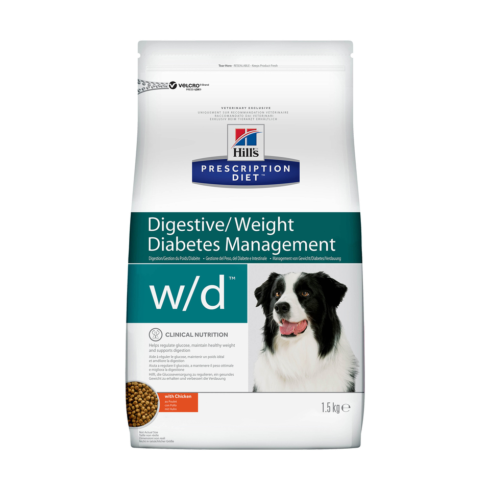 Hill`s PD w/d Digestive Weight Diabetes для взрослых собак при диабете, ожирении, нарушении пищеварения, курица, 1,5 кг