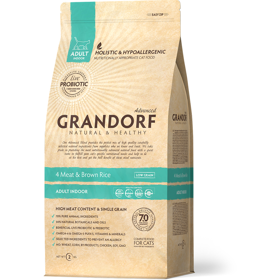 Grandorf Cat 4 Meat & Rice Probiotic Adult Indoor для взрослых домашних кошек, 4 мяса: индейка/ягненок/утка/кролик, рис, 2 кг