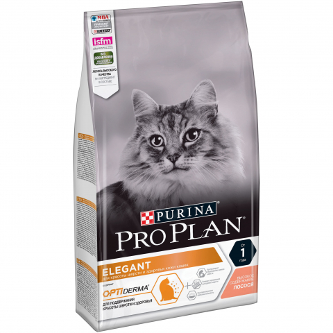Pro Plan Elegant Adult OptiDerma для кошек с чувствительной кожей, для блеска шерсти, лосось, 1,5 кг