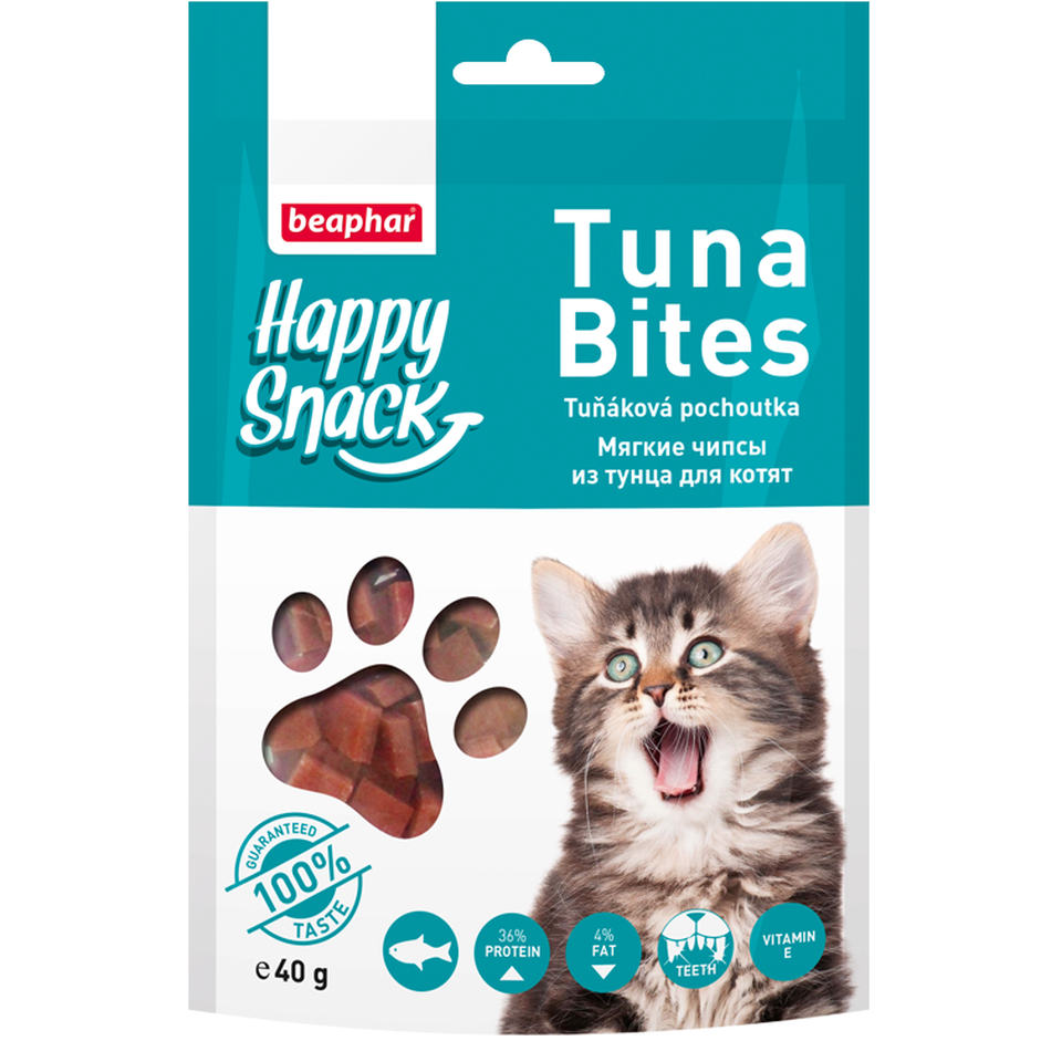 Beaphar Happy Snack Tuna Bites, мягкие чипсы из тунца для котят с 3 месяцев и взрослых, как поощрение/при дрессировке, 40 г