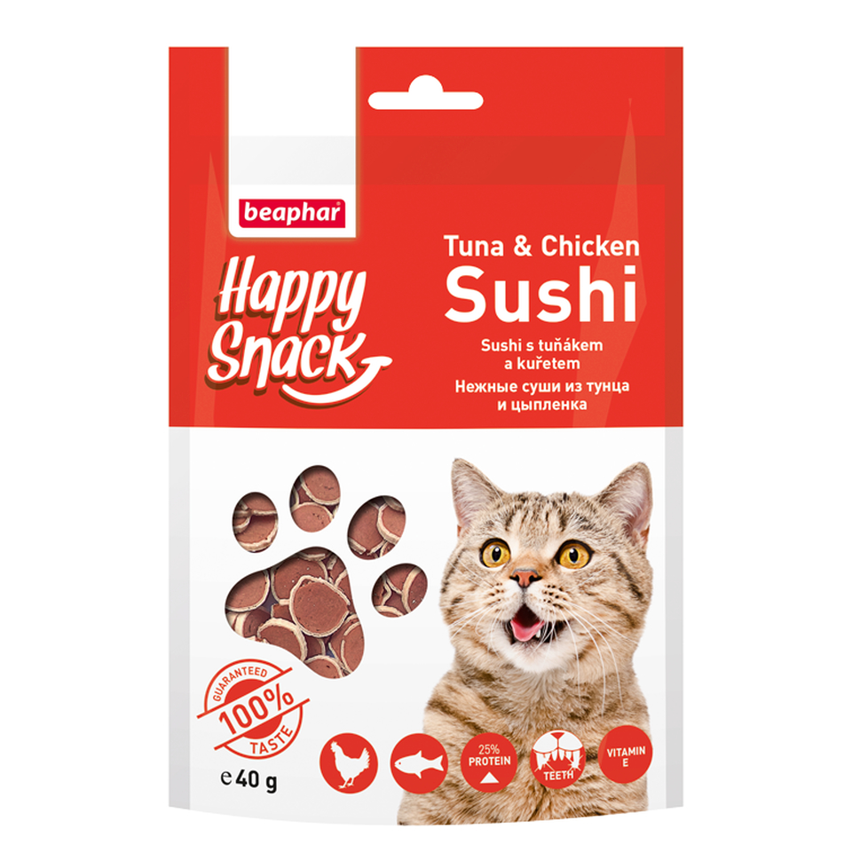 Beaphar Happy Snack Tuna Chicken Sushi, нежные суши из тунца и цыпленка для котят с 3 месяцев и взрослых, как поощрение/при дрессировке, 40 г