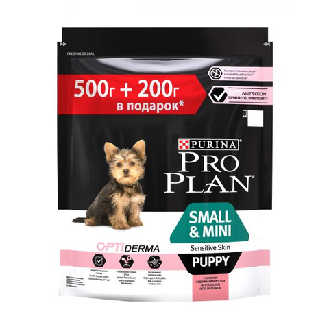 Pro Plan Small & Mini Puppy sensitive skin для щенков мелких пород с чувствительной кожей, лосось/рис, 500 г + 200 г
