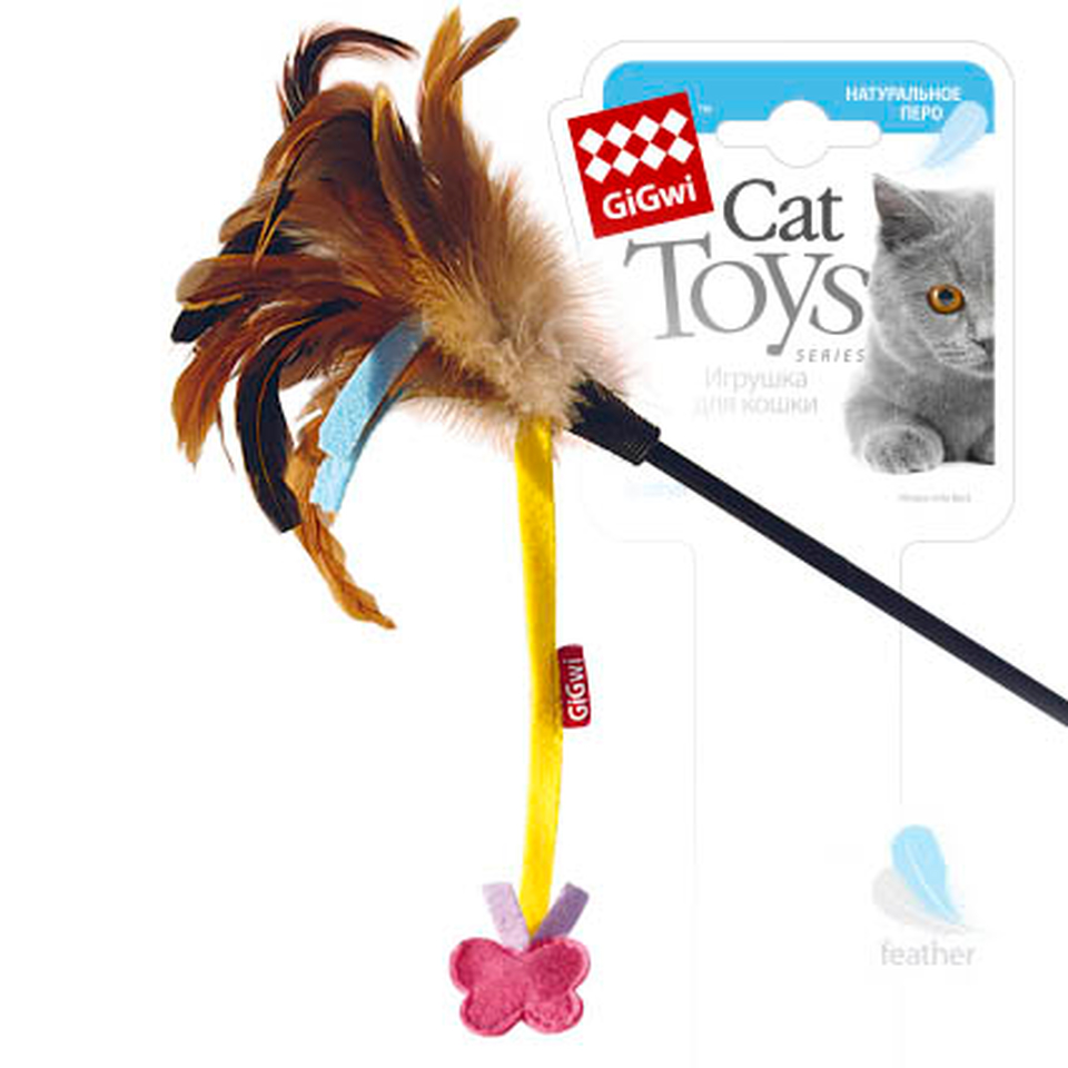 GiGwi Дразнилка с перьями и бабочкой на веревке, игрушка для кошек