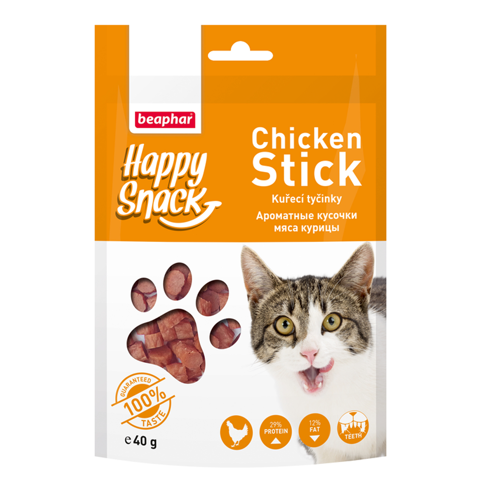 Beaphar Happy Snack Chicken Stick, ароматные кусочки мяса курицы для котят с 3 месяцев и взрослых, как поощрение/при дрессировке, 40 г