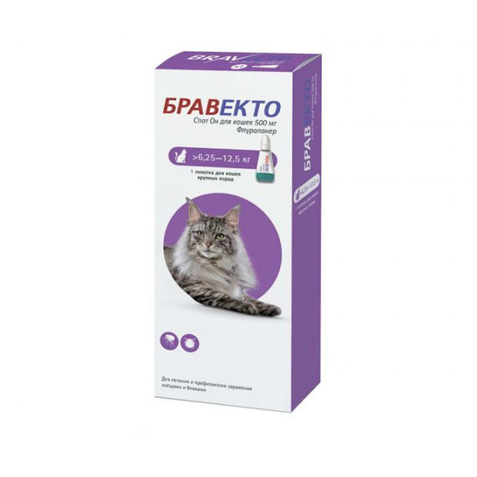 Бравекто Спот Он капли для кошек весом 6,25–12,5 кг от блох и клещей, 500 мг
