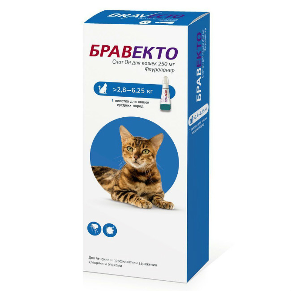 Бравекто Спот Он капли для кошек весом 2,8–6,25 кг от блох и клещей, 250 мг