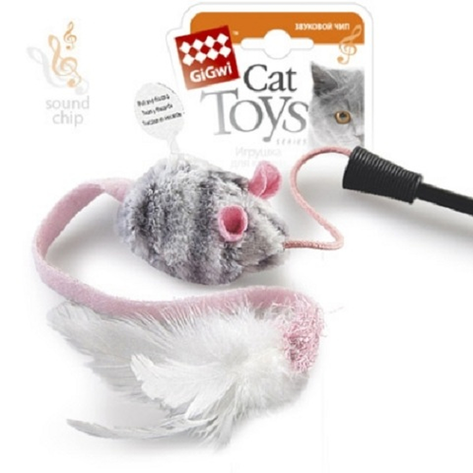 GiGwi Дразнилка с мышкой и перьями со звуковым чипом, игрушка для кошек