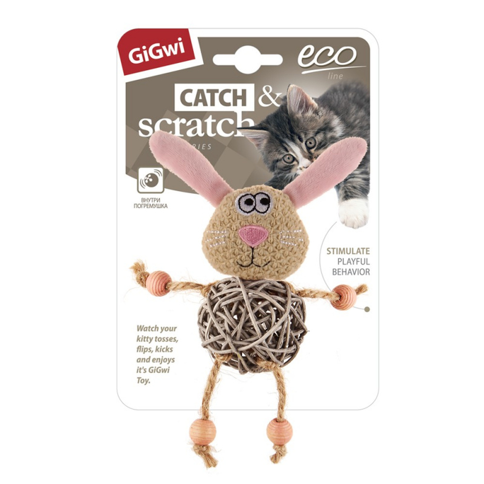 GiGwi Заяц с плетеным мячиком с колокольчиком, игрушка для кошек