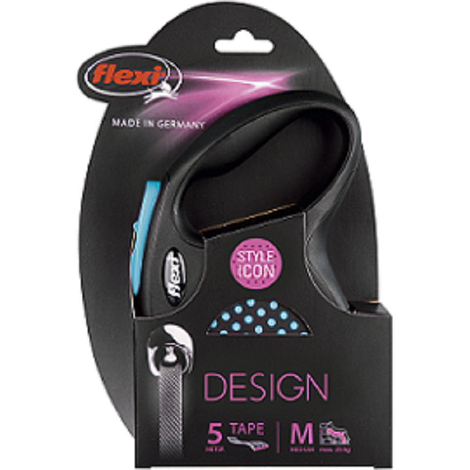 Flexi Design M Рулетка-поводок для собак весом до 25 кг (черный/голубой горох), 5 м
