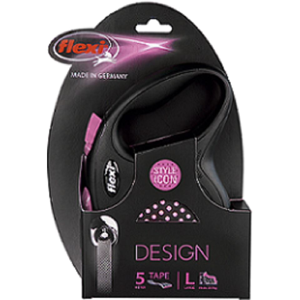 Flexi Design L Рулетка-поводок для собак весом до 50 кг (черный/розовый горох), 5 м